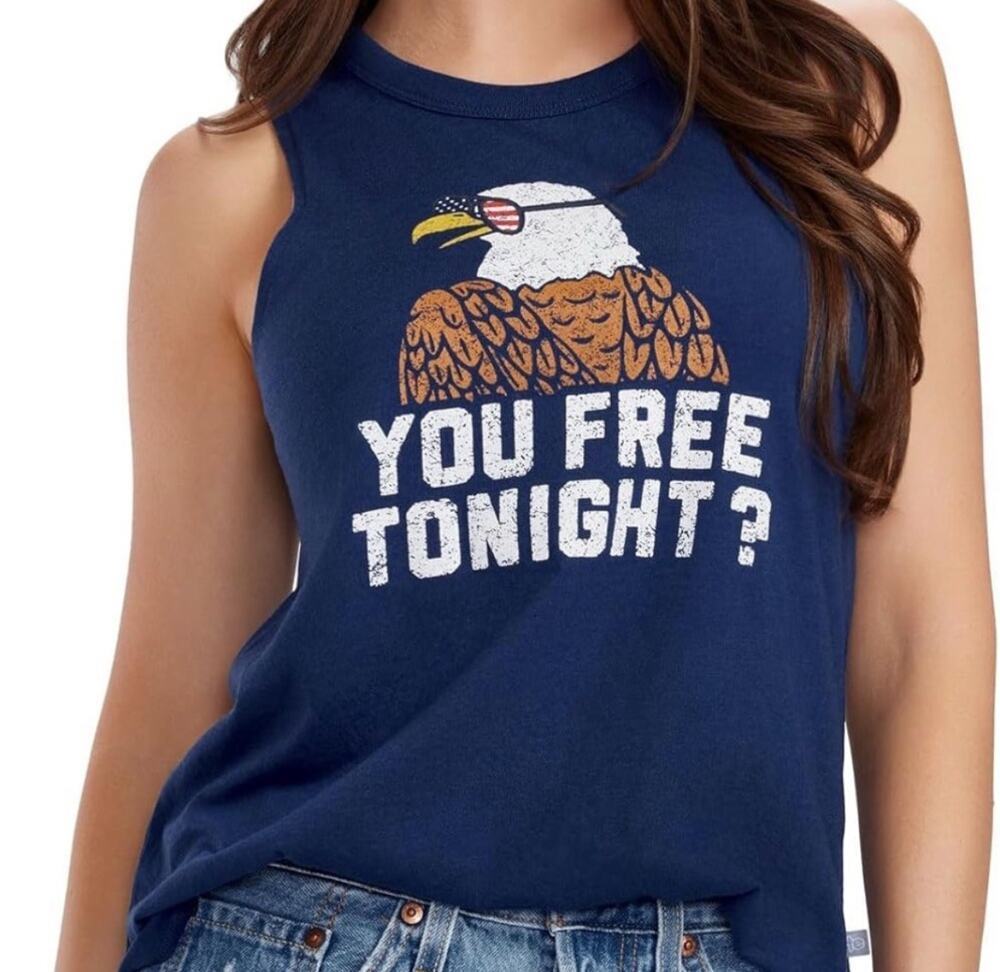 Tipsy Elves Women's Tank Top Patriotic "You Free Tonight? Sleeveless Navy Size L